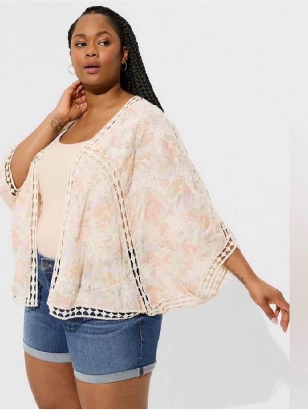 Torrid Crochet Lace Inset Cotton Kimono Lush Floral Dew Plus Size 1X/2X